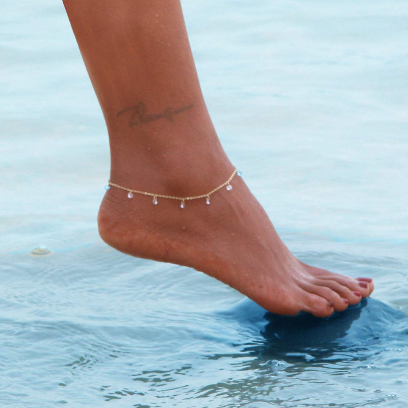 LOYATA Dainty Cubic Zirconia Ankle 14K Gold Plated Tiny Bead Anklet Dainty White Cubic Zirconia Crystal Dangle Tassel Foot Chain Foot Jewelry Boho Anklet for Women - Image 3
